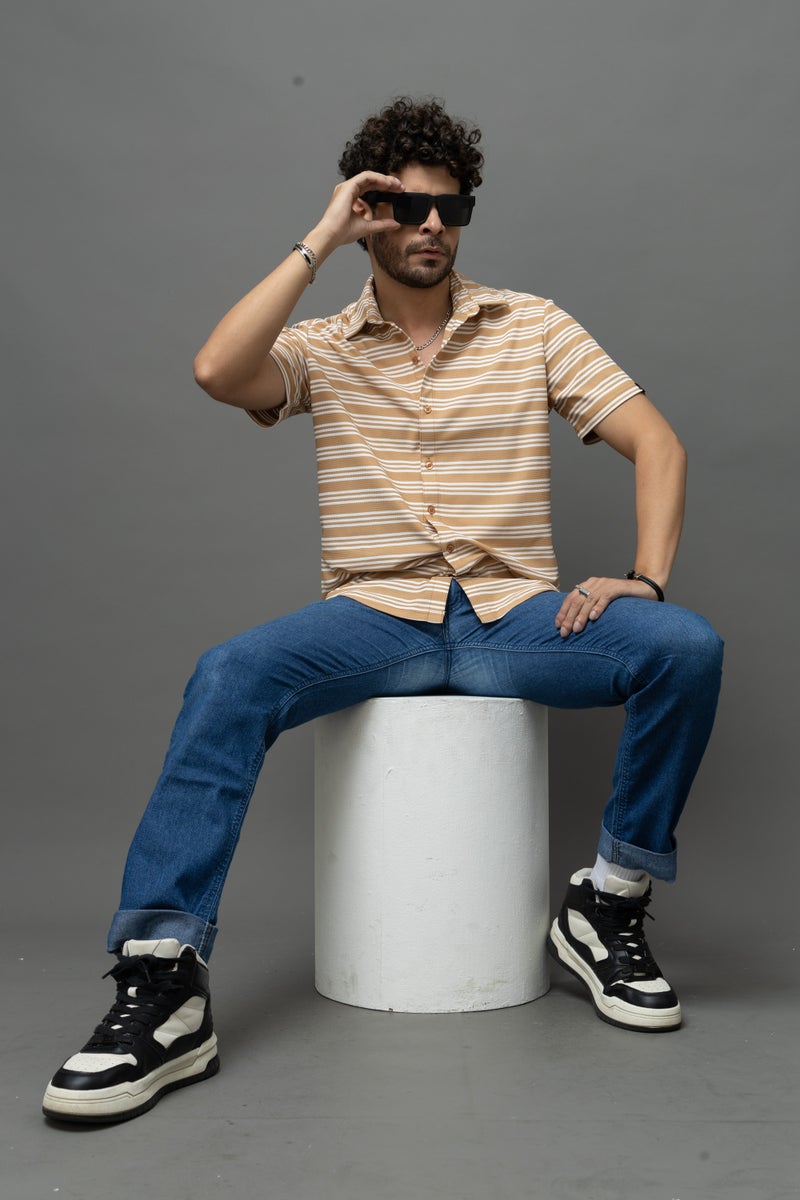 GO DEVIL Beige & White Striped Shirt for Men - Image 4